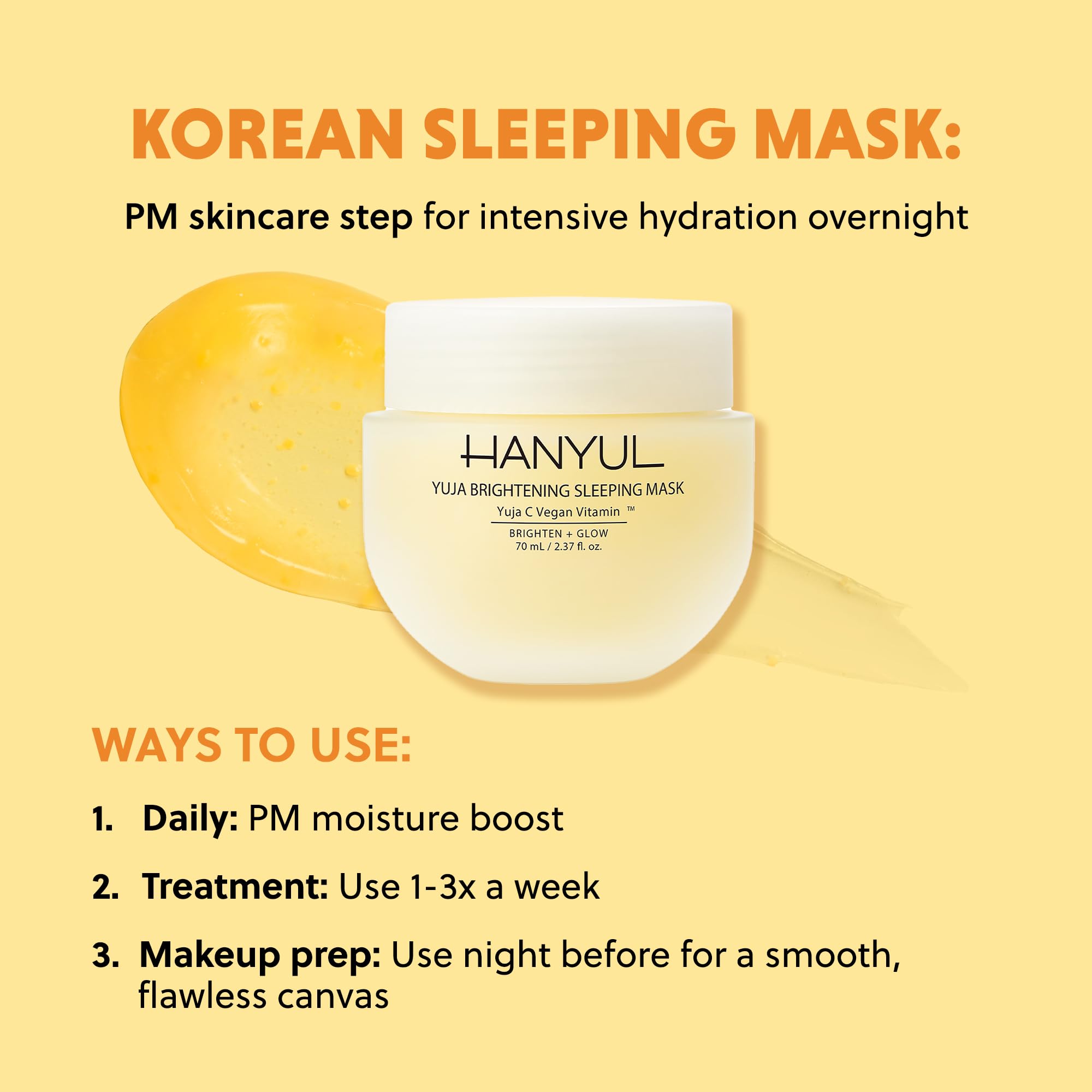 Hanyul Yuja Sleeping Mask ingredients list featuring Yuja and vitamins
