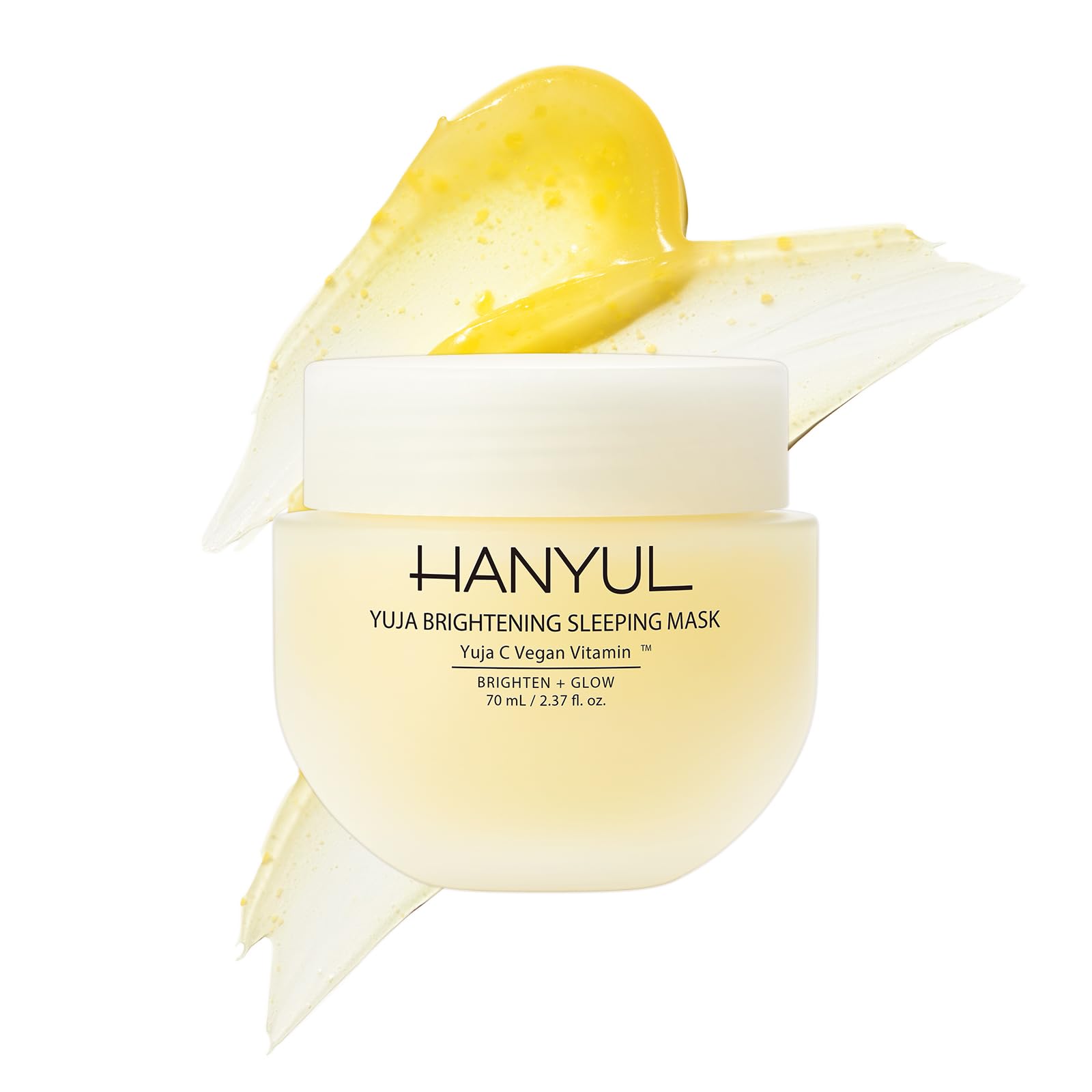 Hanyul Yuja Sleeping Mask jar close-up showing vibrant formula for radiant skin