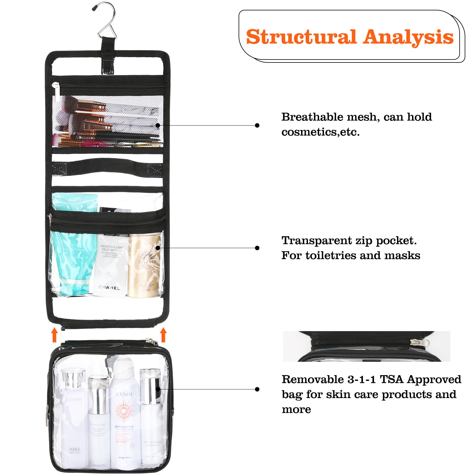 HAOGUAGUA Clear Toiletry Bag mesh pocket view highlights organized toiletries.