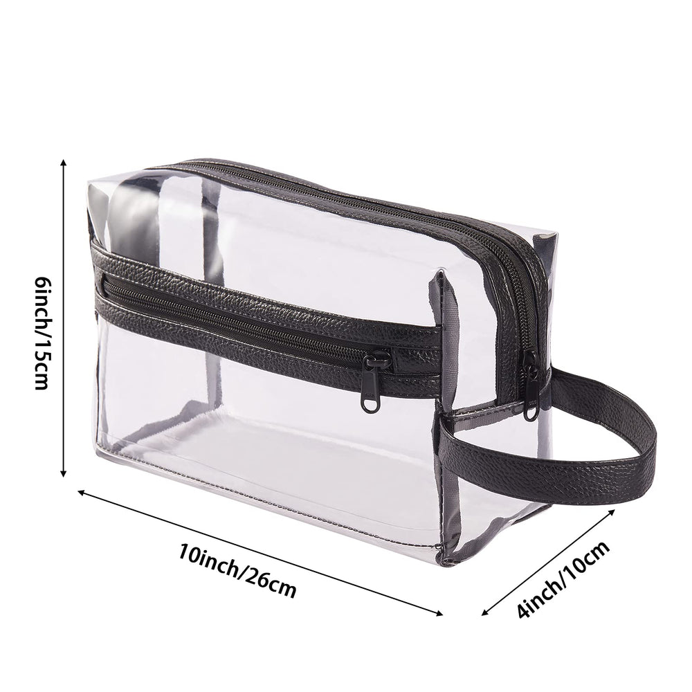 HAOGUAGUA clear travel bag shows dual zipper compartments for organization.
