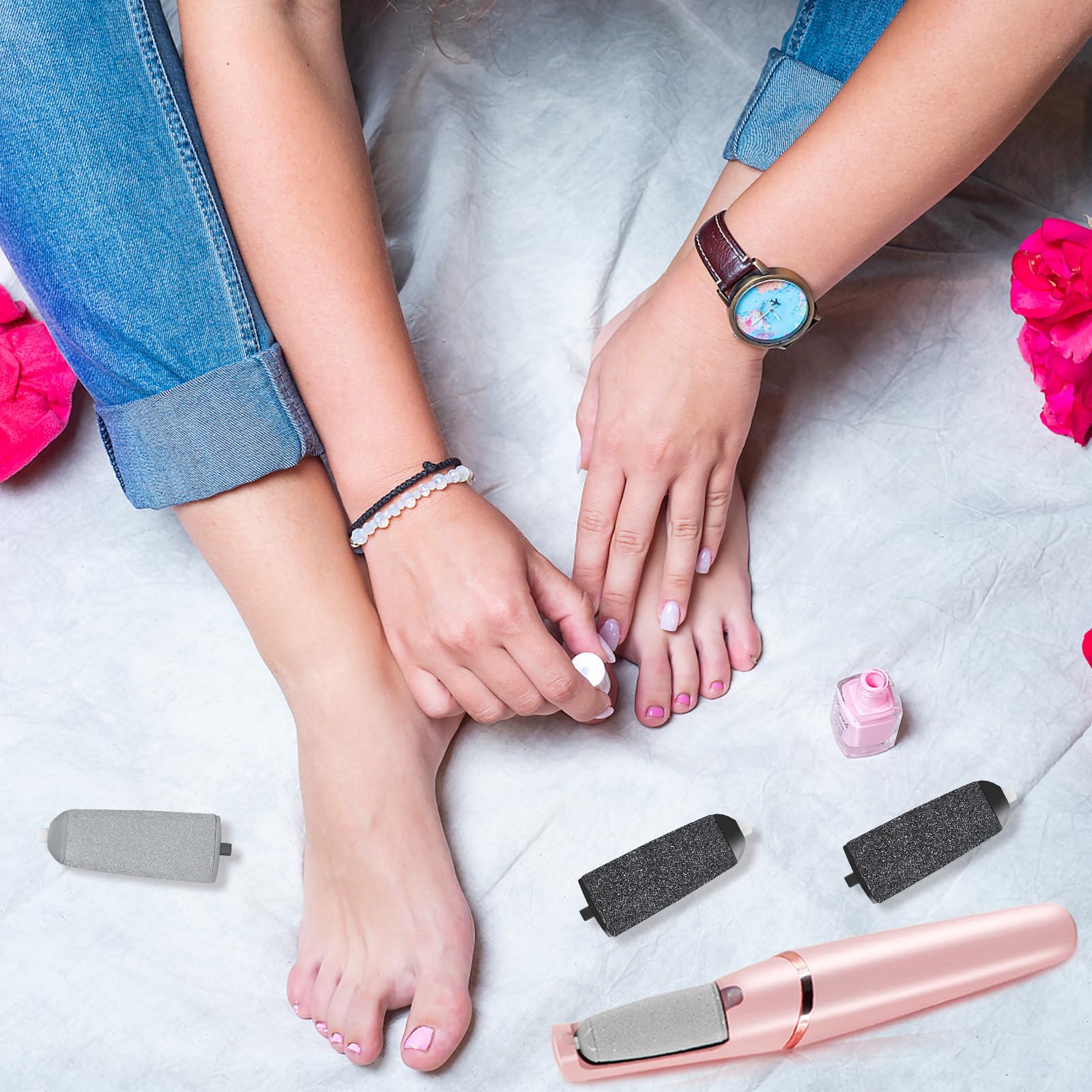 Haootadiy Pedi replacement heads in use on a foot file for smooth results.