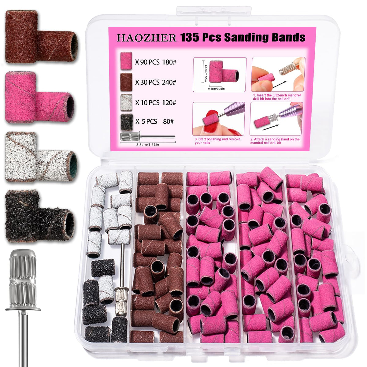 Haozher nail drill bits 135pcs set in compact organizer for easy storage.