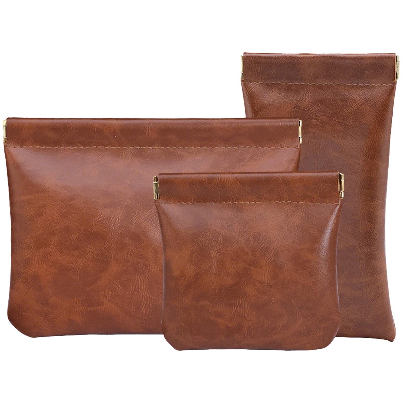 Hapforever pouchic snap-closure pouches in brown, front view showing compact organization