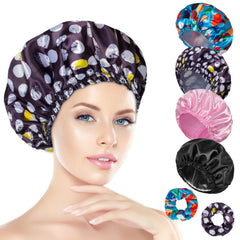 Happtiger shower cap Pattern A exterior view shows satin outer layer protecting hair.