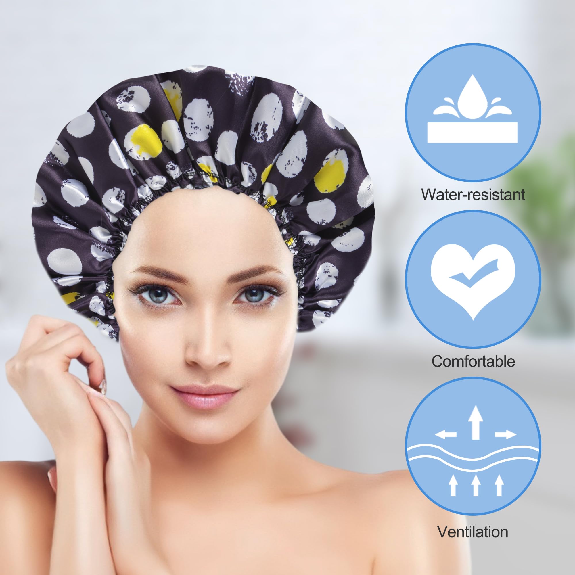 Happtiger waterproof shower cap packaging image shows set includes four caps.