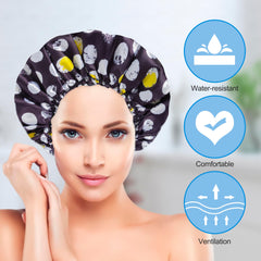 Happtiger waterproof shower cap packaging image shows set includes four caps.