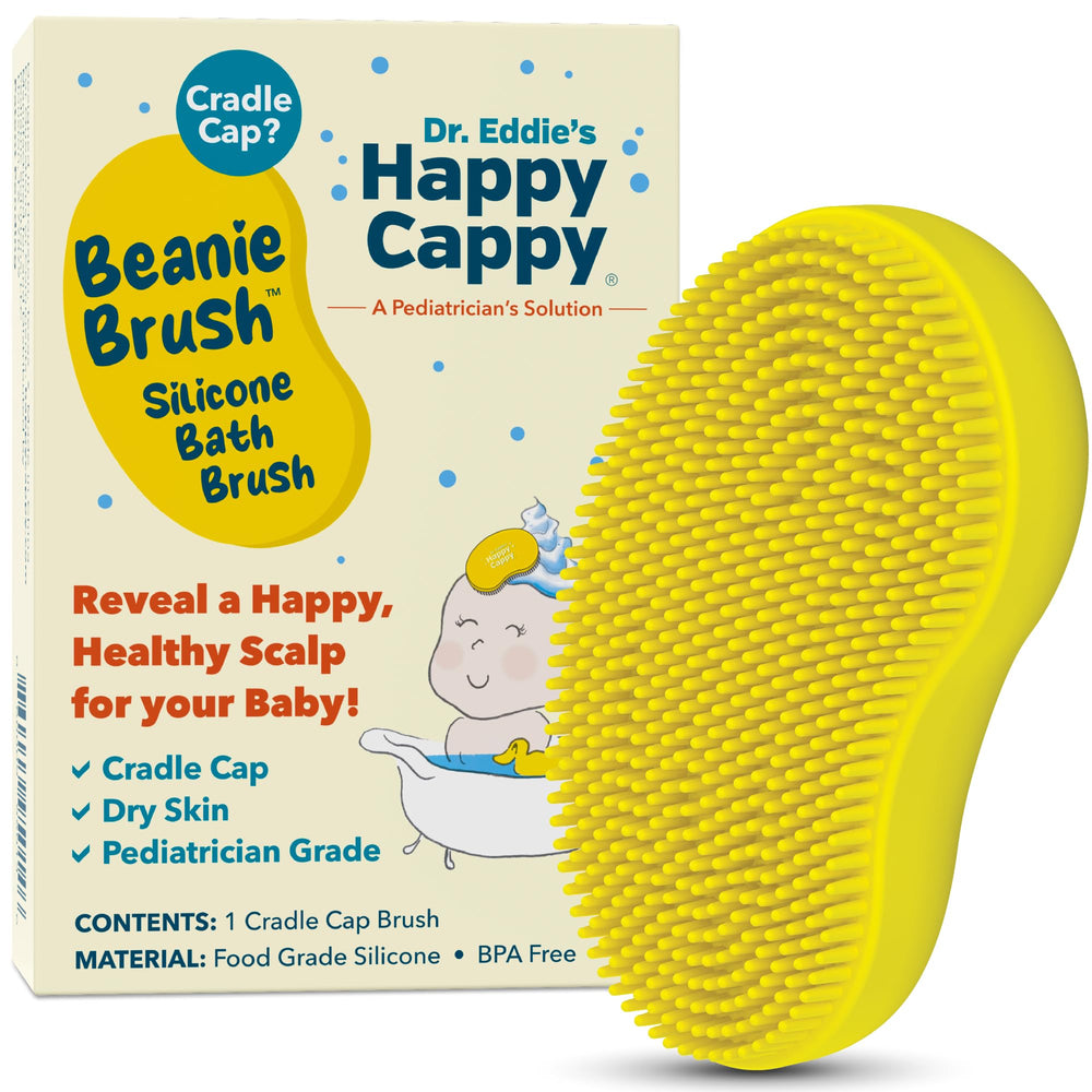 Happy Cappy Beanie Brush with silicone bristles for gentle cradle cap cleansing.