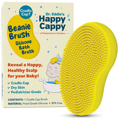 Happy Cappy Beanie Brush with silicone bristles for gentle cradle cap cleansing.