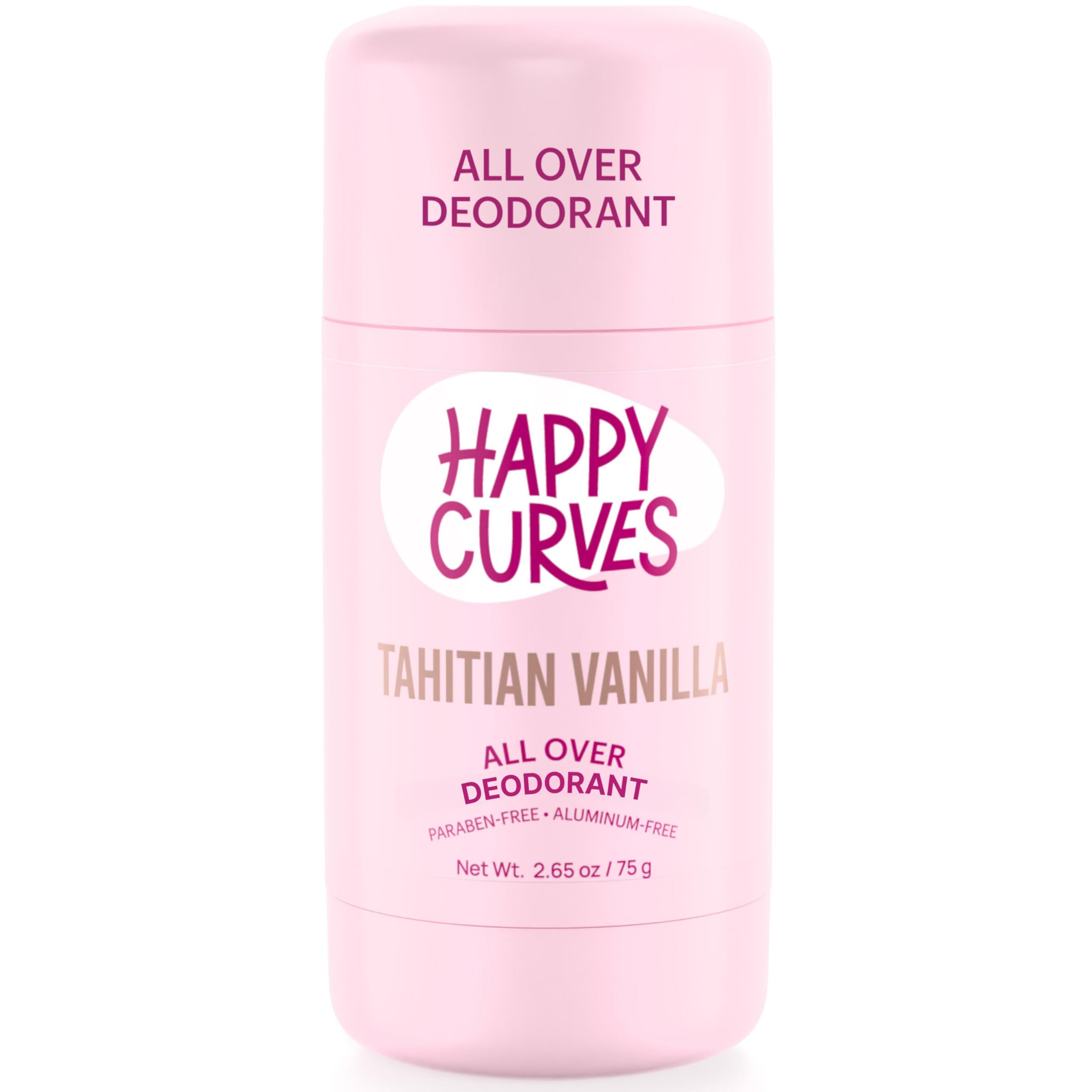 Desodorante Happy Curves para todo el cuerpo en botella, aroma Tahitiana suave y duradero.