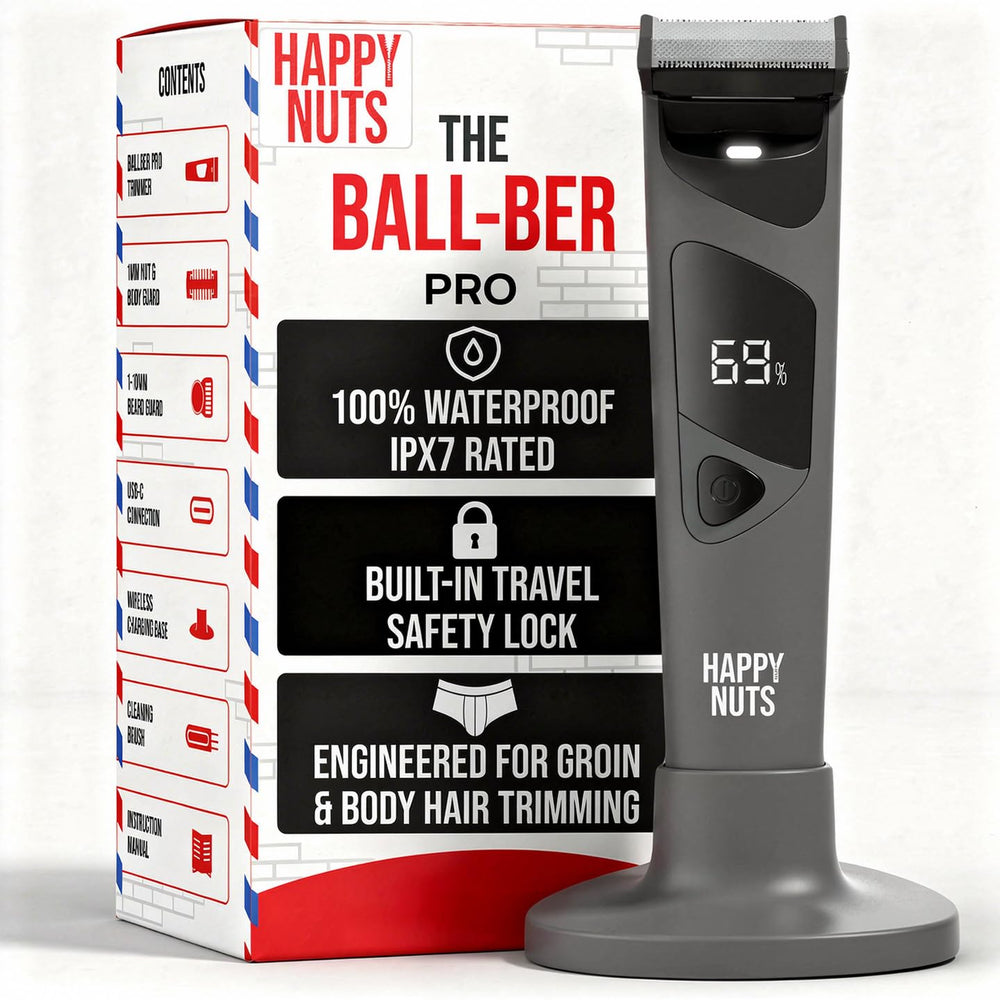 Happy Nuts Ballber Pro charging dock powering the trimmer for easy mornings.
