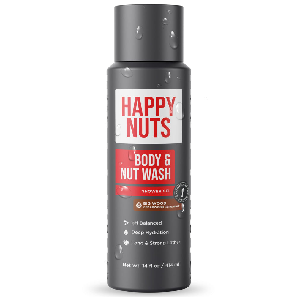 Happy Nuts Big Wood bottle front for deep-cleaning moisturizing wash.