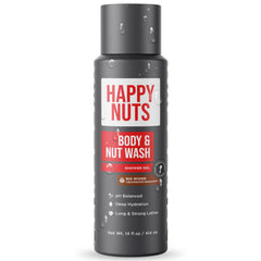 Happy Nuts Big Wood bottle front for deep-cleaning moisturizing wash.