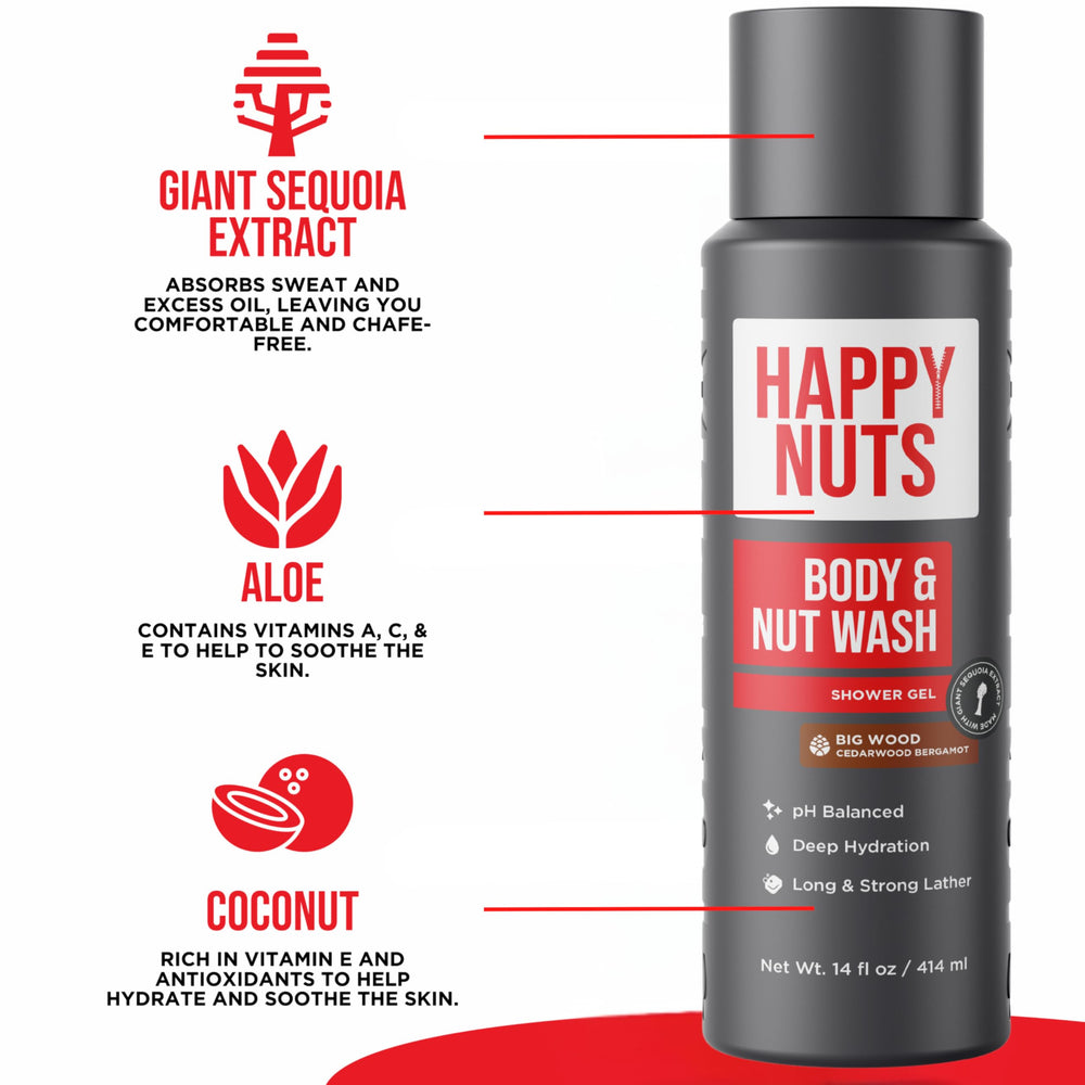 Happy Nuts Big Wood packaging showcases vegan, dermatologist-tested care.