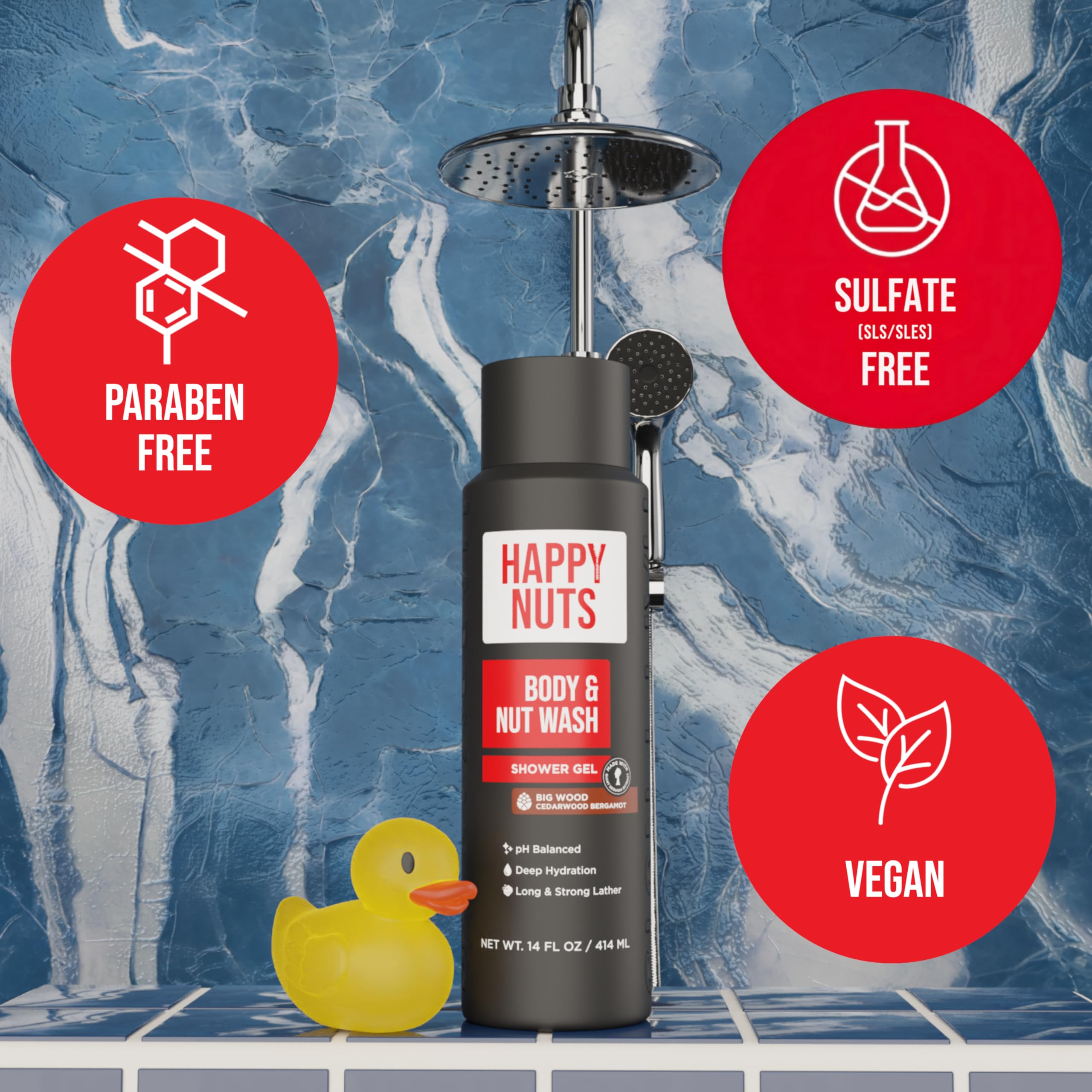 Happy Nuts Big Wood shower scene conveys refreshing morning cleanse.