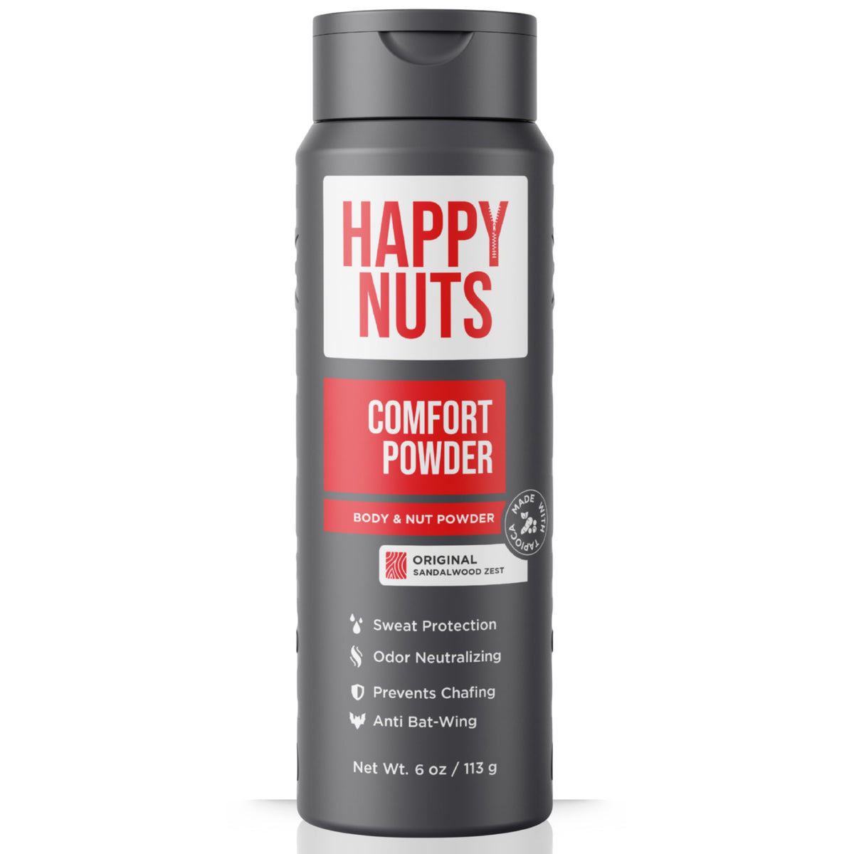 Happy Nuts Comfort Powder Deodorant jar close-up highlights packaging and long-lasting protection.