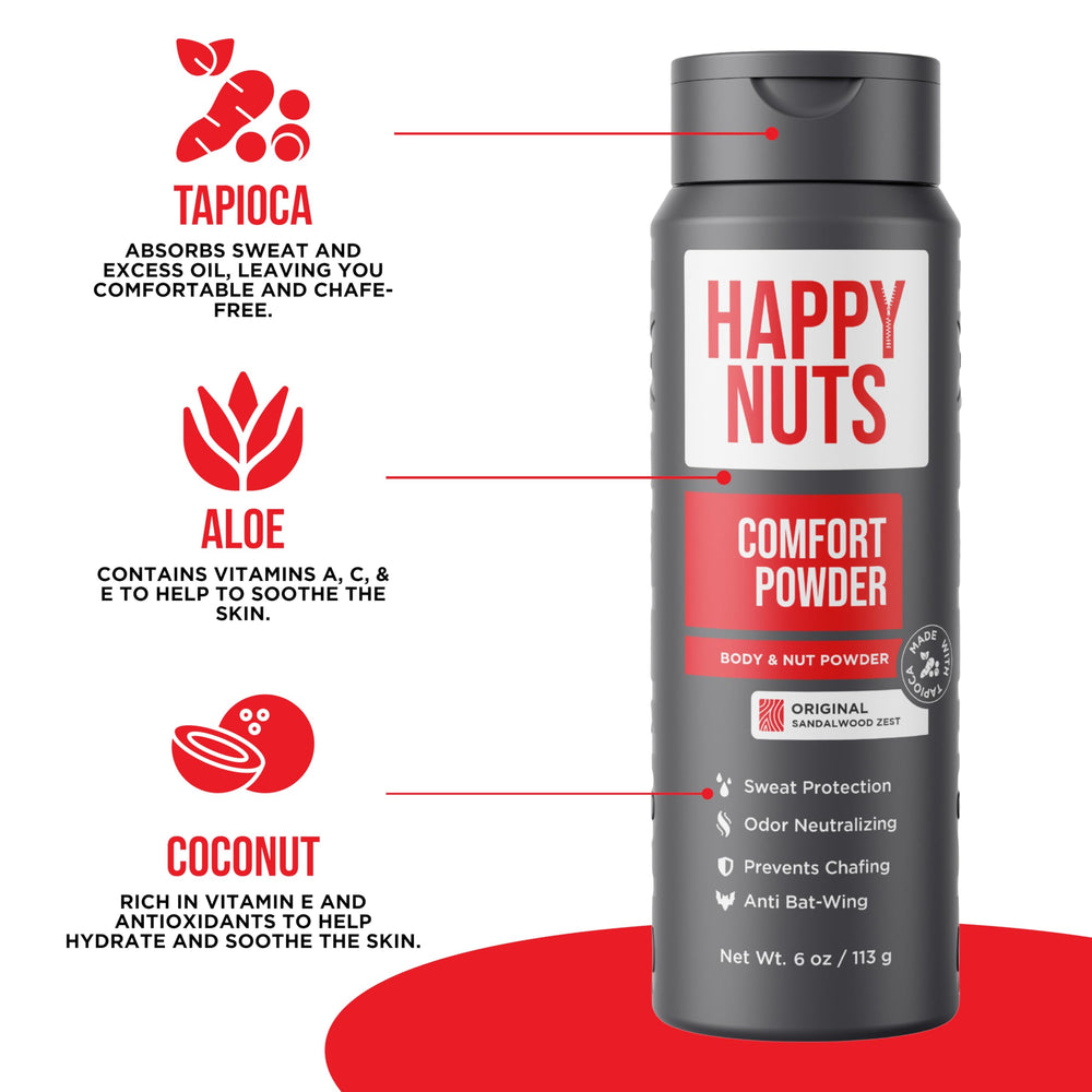 HAPPY NUTS Comfort Powder ideal for groin and feet use to manage moisture.