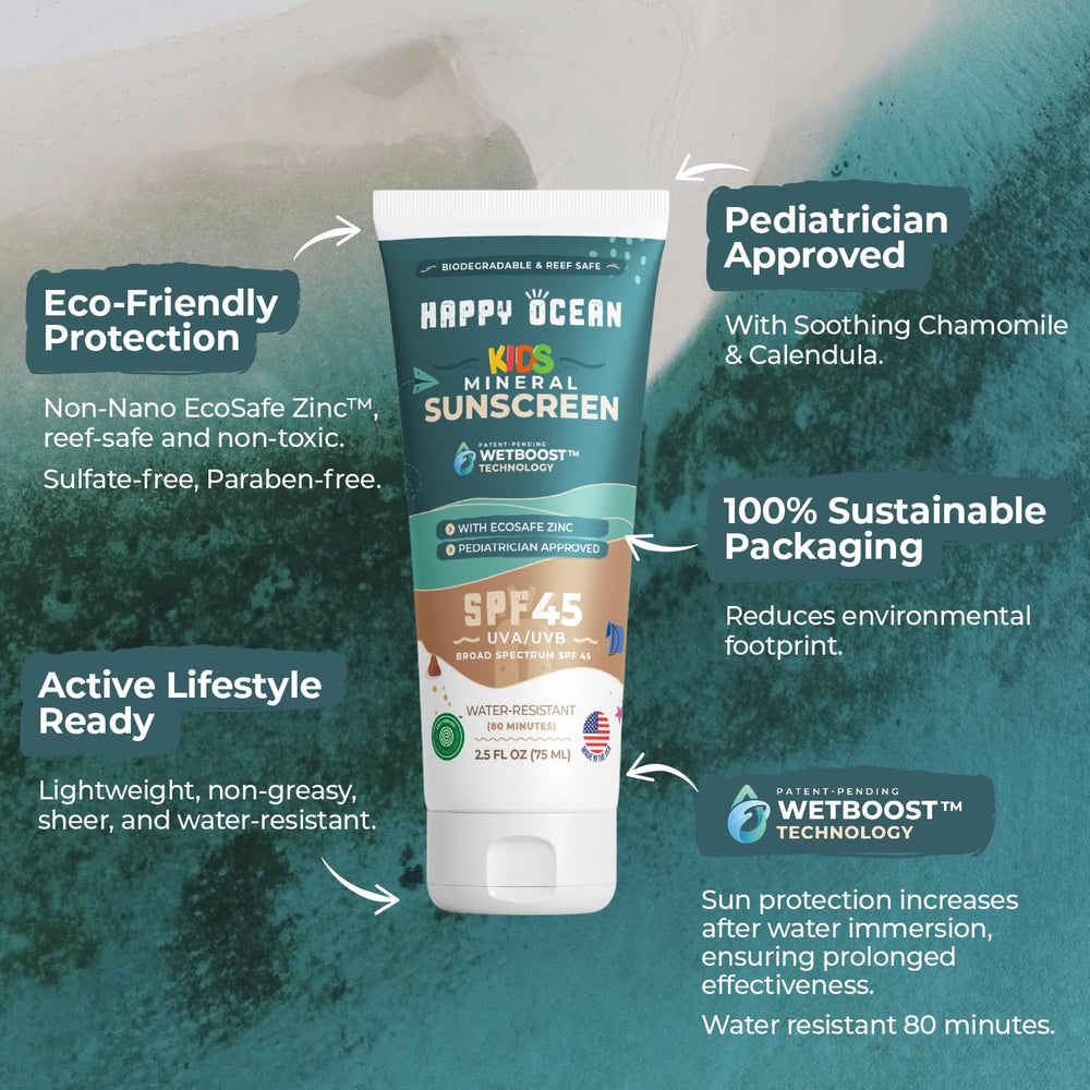 Happy Ocean kids sunscreen on face and body for outdoor play protection.