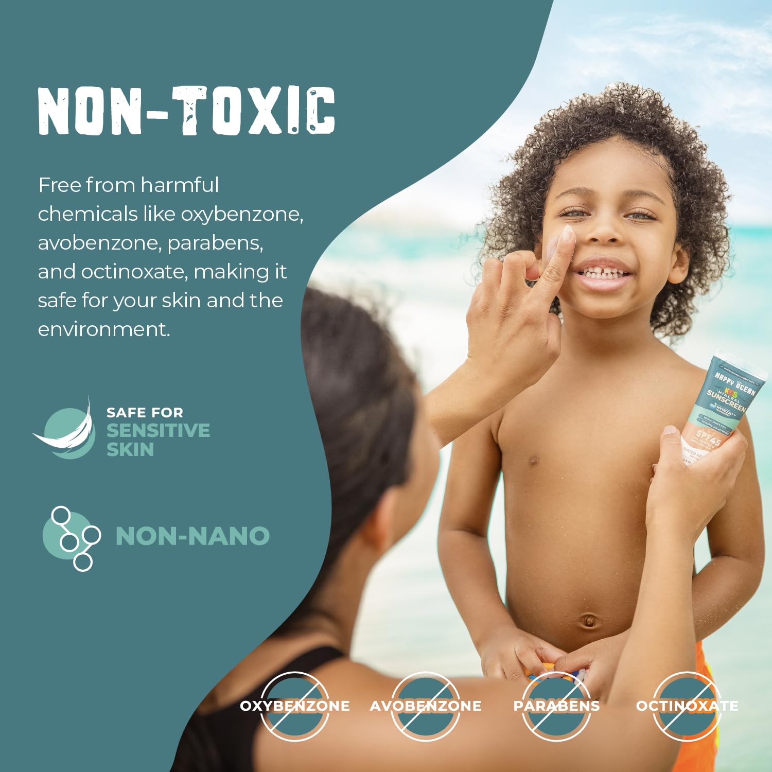 Non-nano zinc oxide detail with Happy Ocean branding highlighting mineral protection.