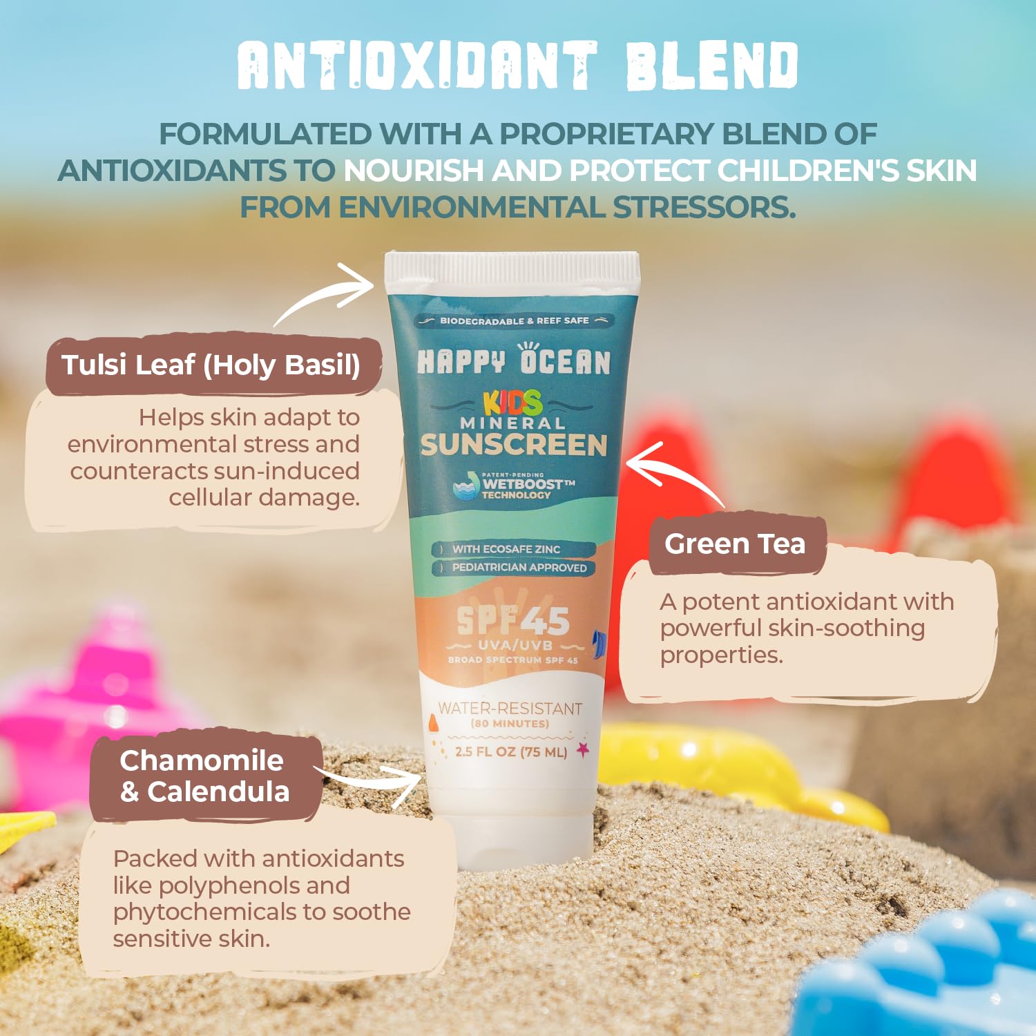 Pediatrician-recommended SPF 45 sunscreen for kids by Happy Ocean.