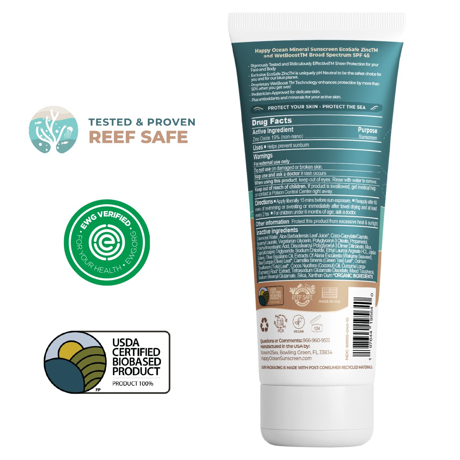Sensitive skin friendly, non-greasy Happy Ocean sunscreen formula applied to skin.