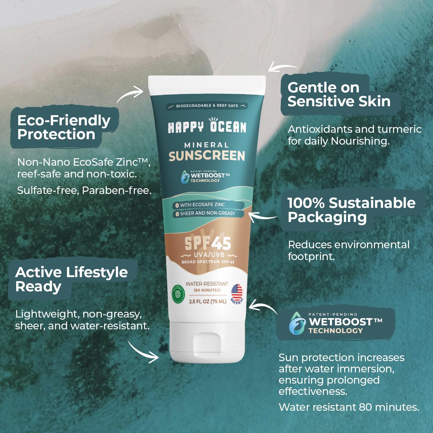 Happy Ocean SPF 45 mineral sunscreen application on skin for smooth, non-greasy coverage.