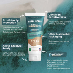 Happy Ocean SPF 45 mineral sunscreen application on skin for smooth, non-greasy coverage.