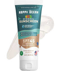 Happy Ocean SPF45 mineral sunscreen bottle ready for sunny days.