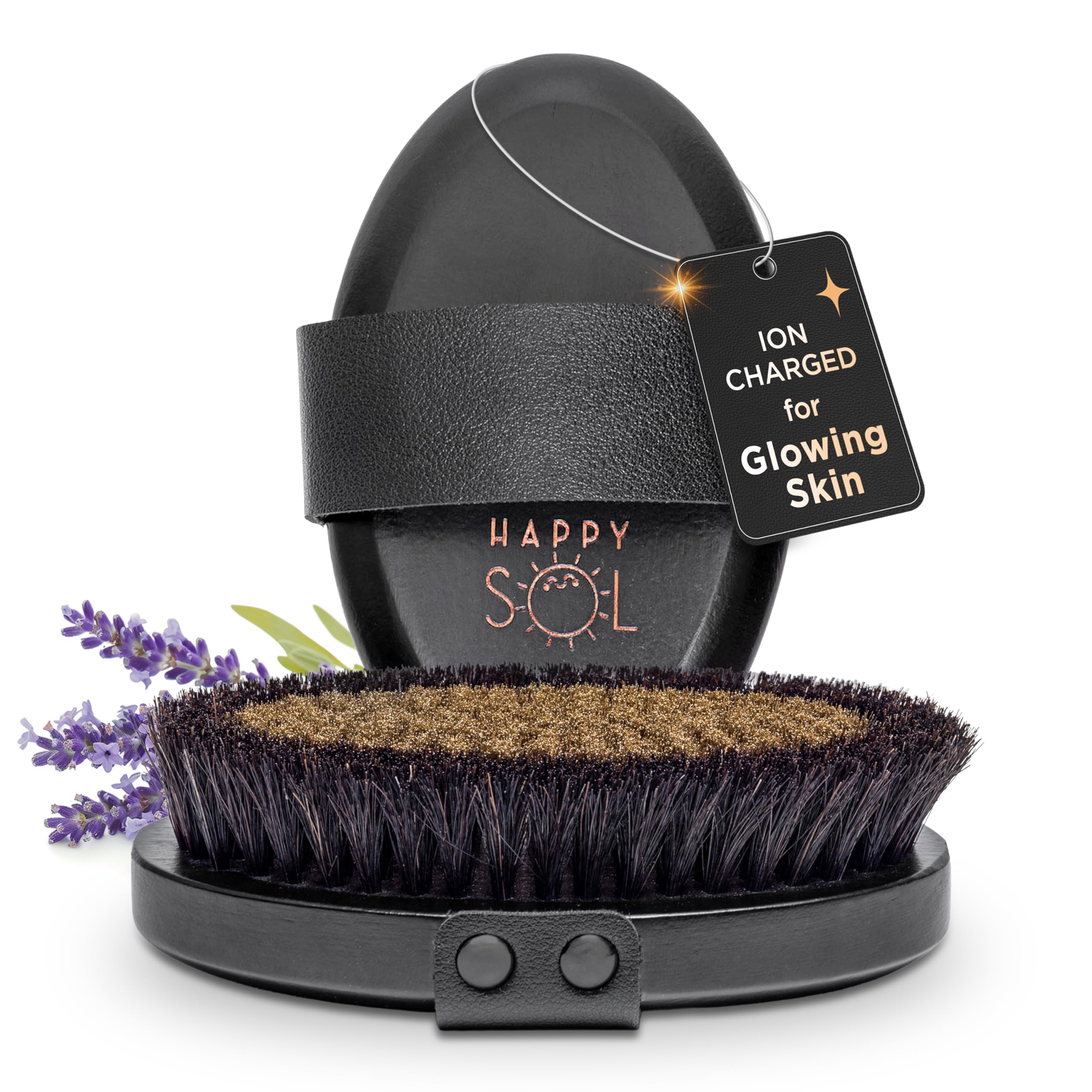 Happy Sol copper dry brush close-up of ion-charged bristles for smoother skin