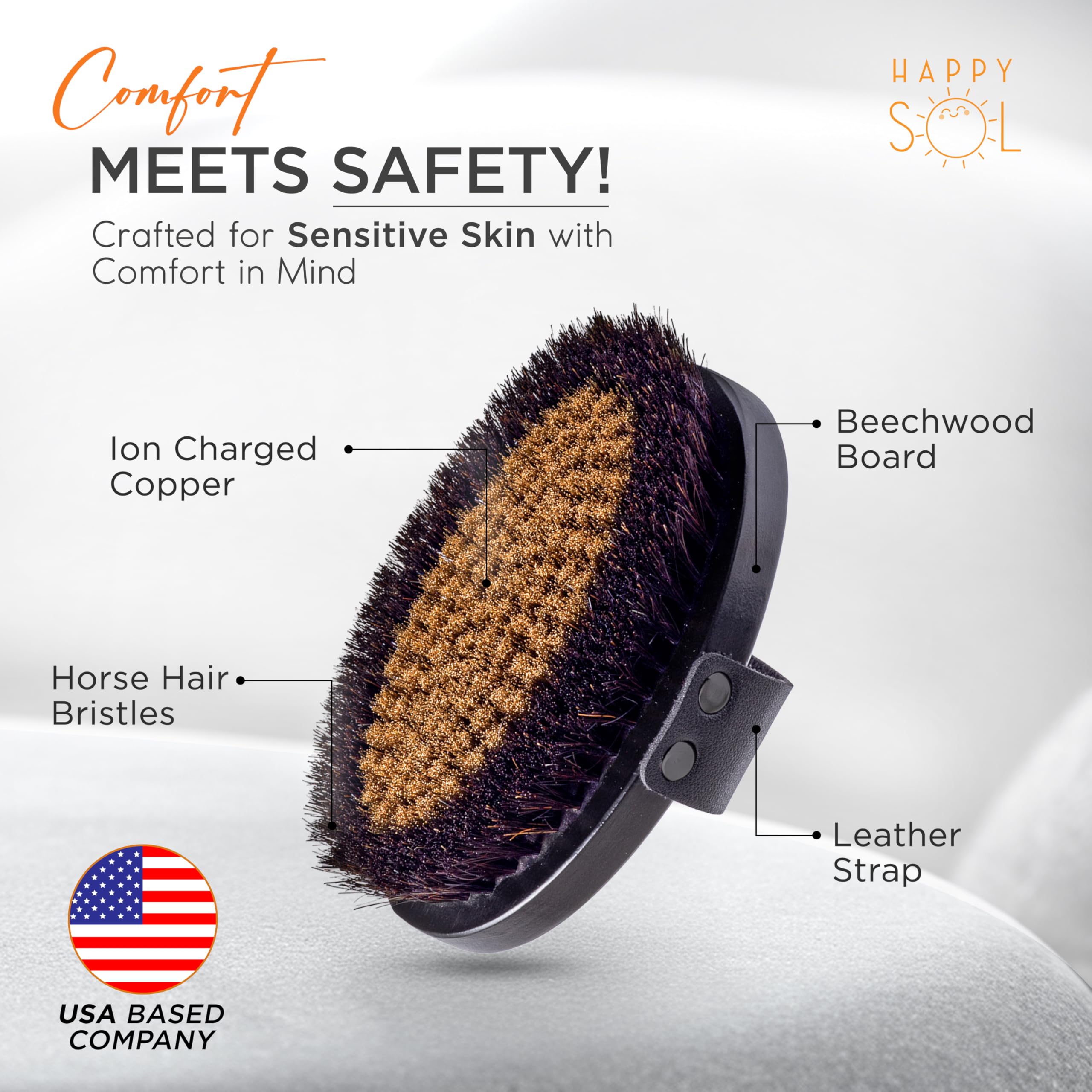 Happy Sol copper dry brush with beechwood handle for comfortable daily use