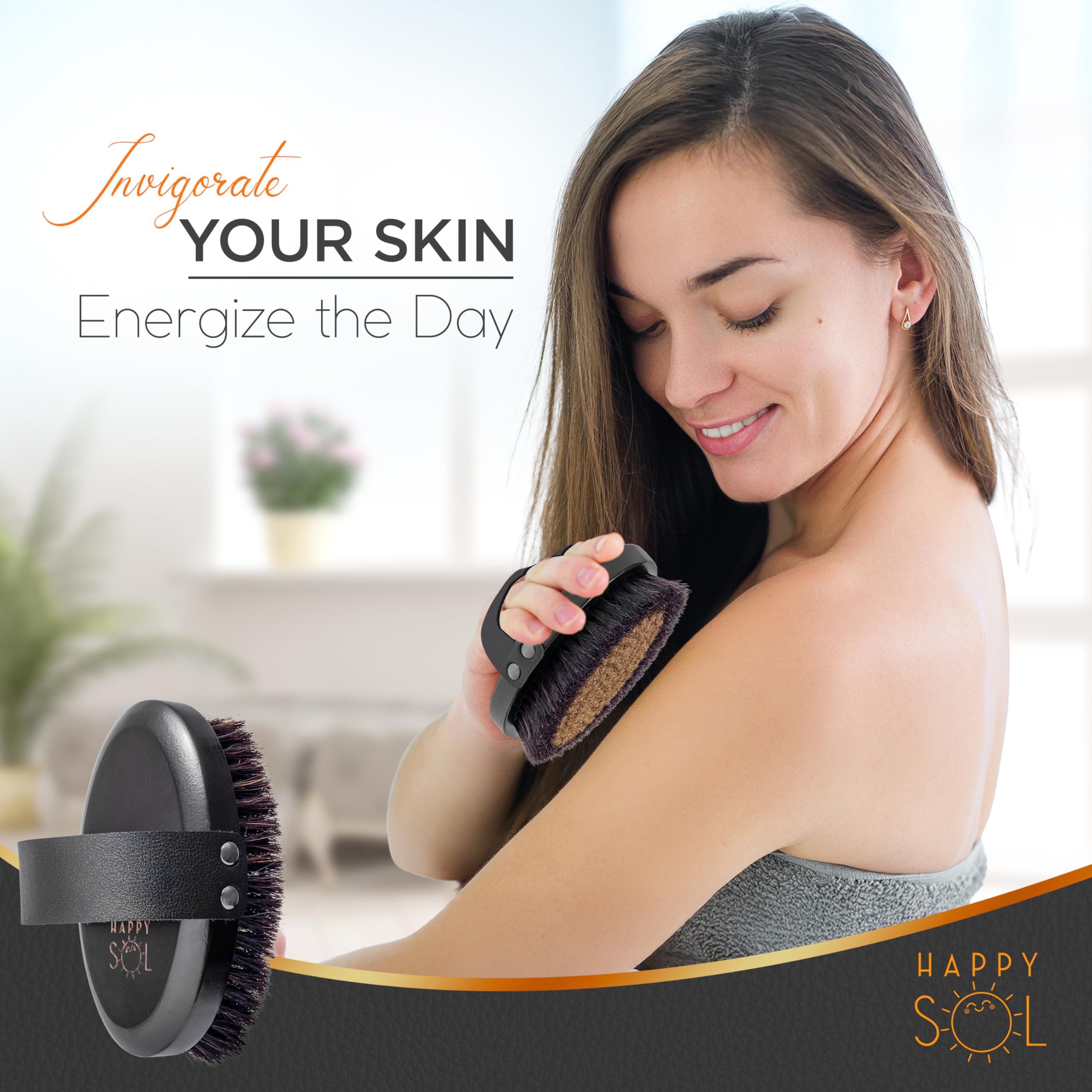 Happy Sol dry brush gliding over skin for gentle exfoliation