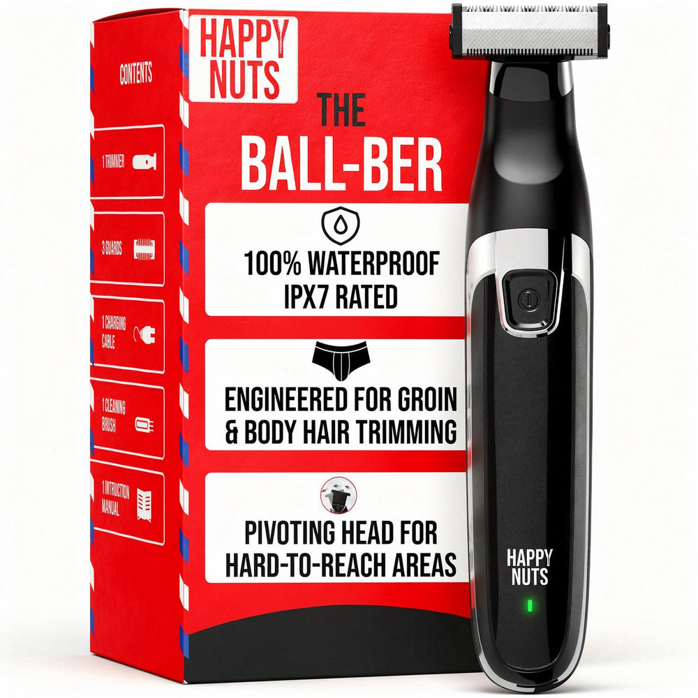 HAPPY NUTS Ballber dual-edged trimmer for precise grooming in hard-to-reach areas.