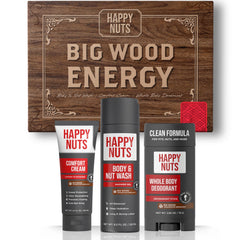 HAPPY NUTS Big Wood Energy Box packaging, a ready-to-gift self-care set.