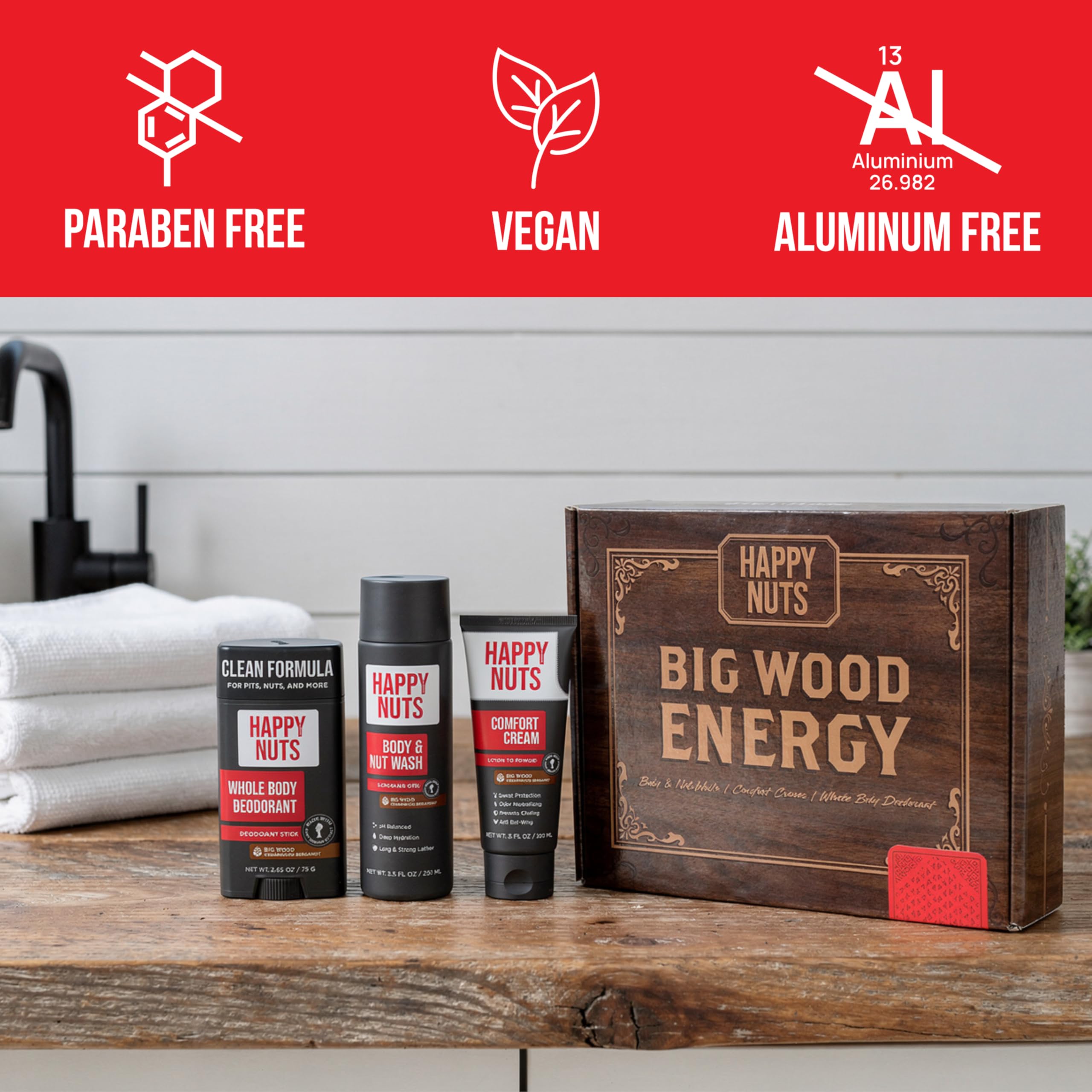 HAPPY NUTS Big Wood Scent with sandalwood, cedarwood, and vetiver notes.