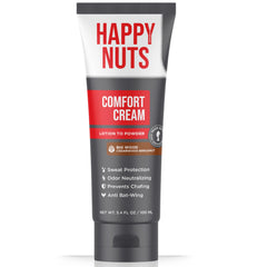 Happy Nuts Comfort Cream muestra textura crema que se convierte en polvo para comodidad duradera.