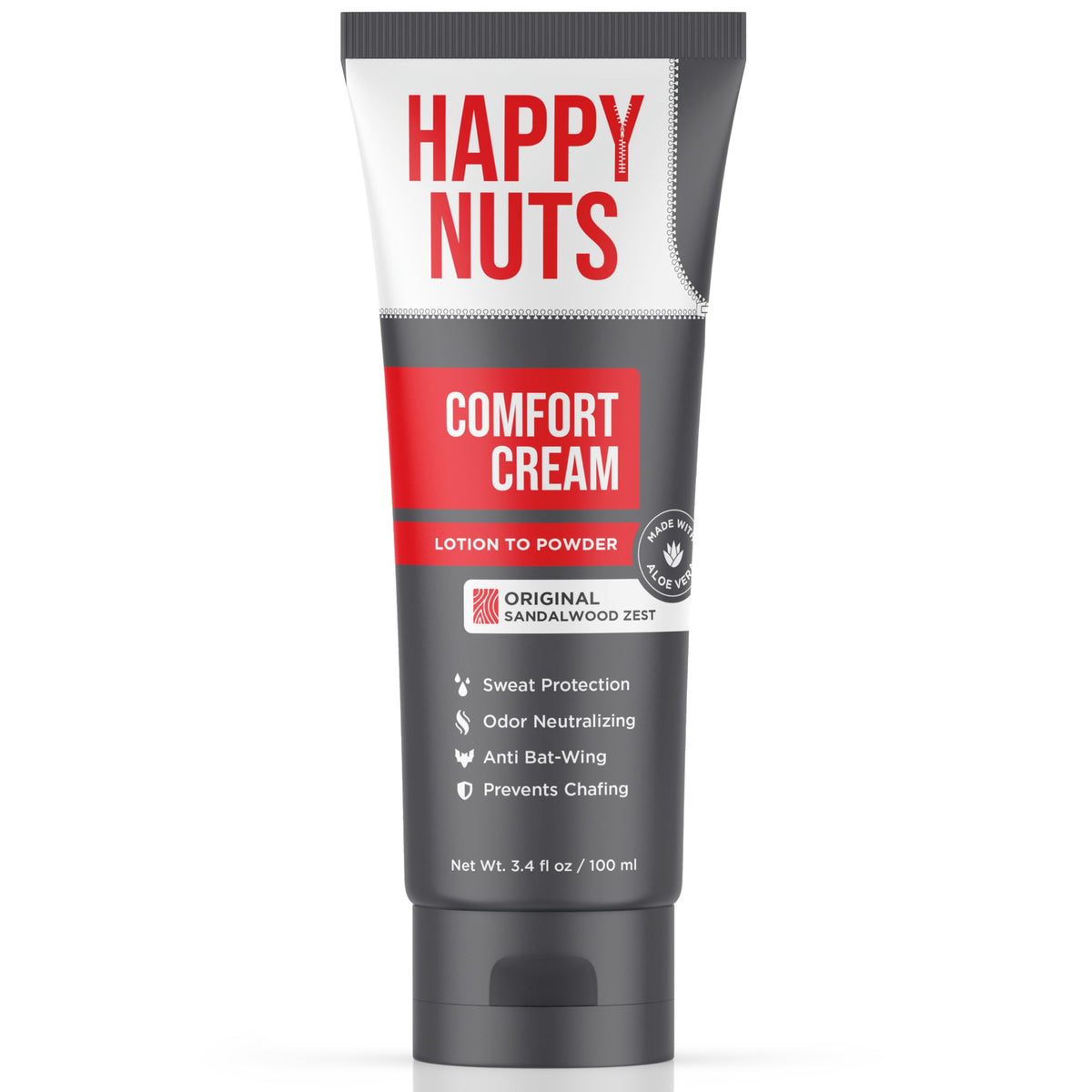 HAPPY NUTS Comfort Cream Deodorant frente del envase con protección diaria.