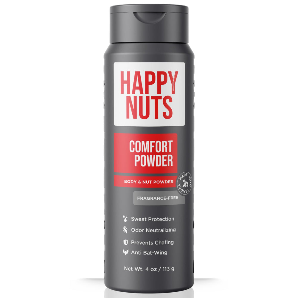 HAPPY NUTS Comfort Powder en envase de 4 onzas para uso diario y protección suave.