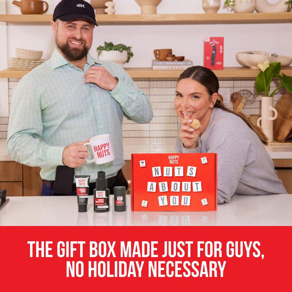 HAPPY NUTS gift set box front shows a ready-to-gift kit.