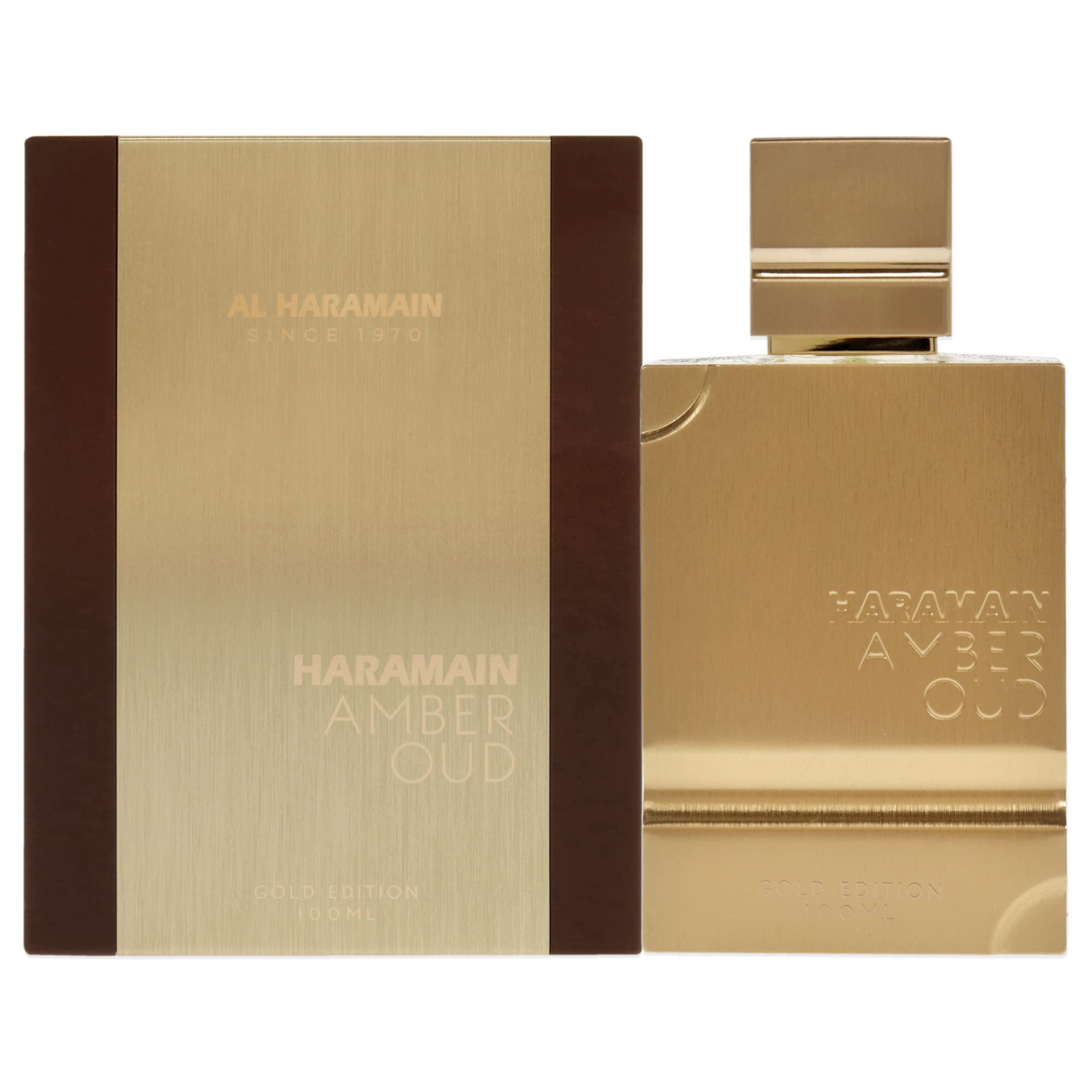 Haramain Amber Oud Gold Edition bottle close-up, ideal for evening wear.