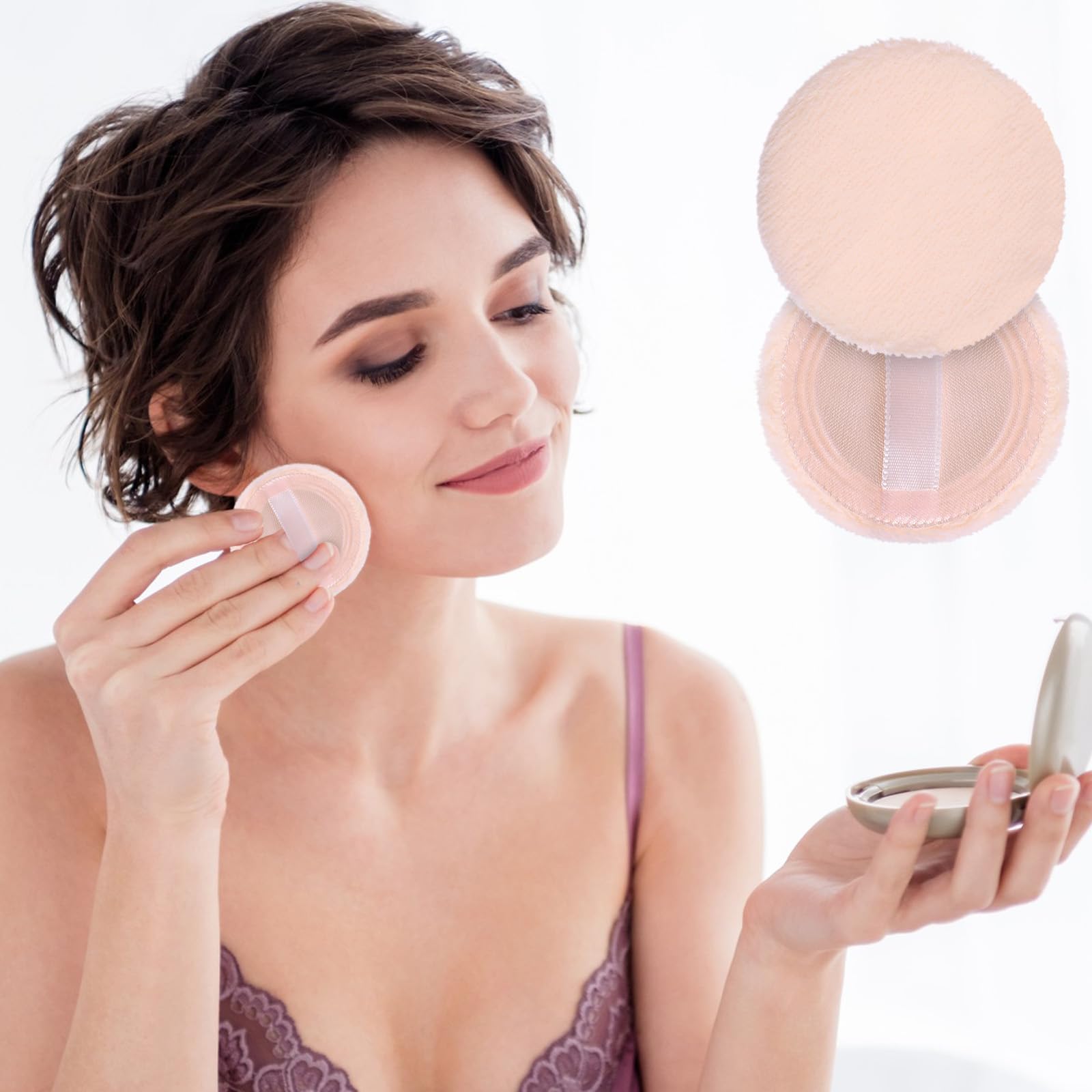 Hariendny round velour face powder pad versatile for pressed, loose, or setting powder.
