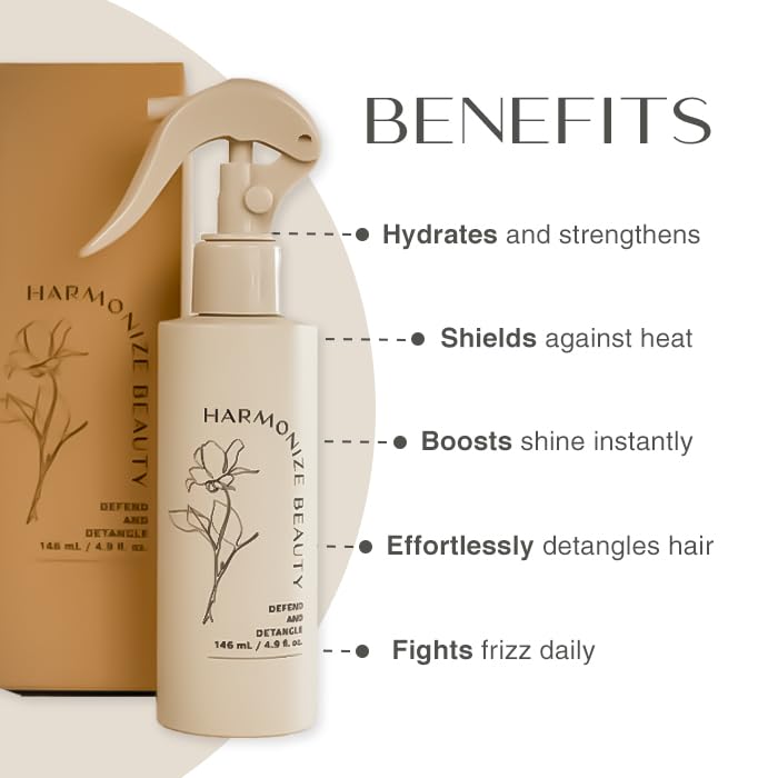 Close-up of Harmonize Beauty leave-in conditioner spray mist on hair.