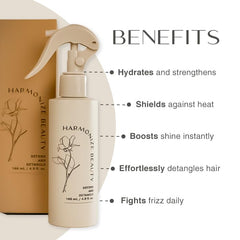 Close-up of Harmonize Beauty leave-in conditioner spray mist on hair.
