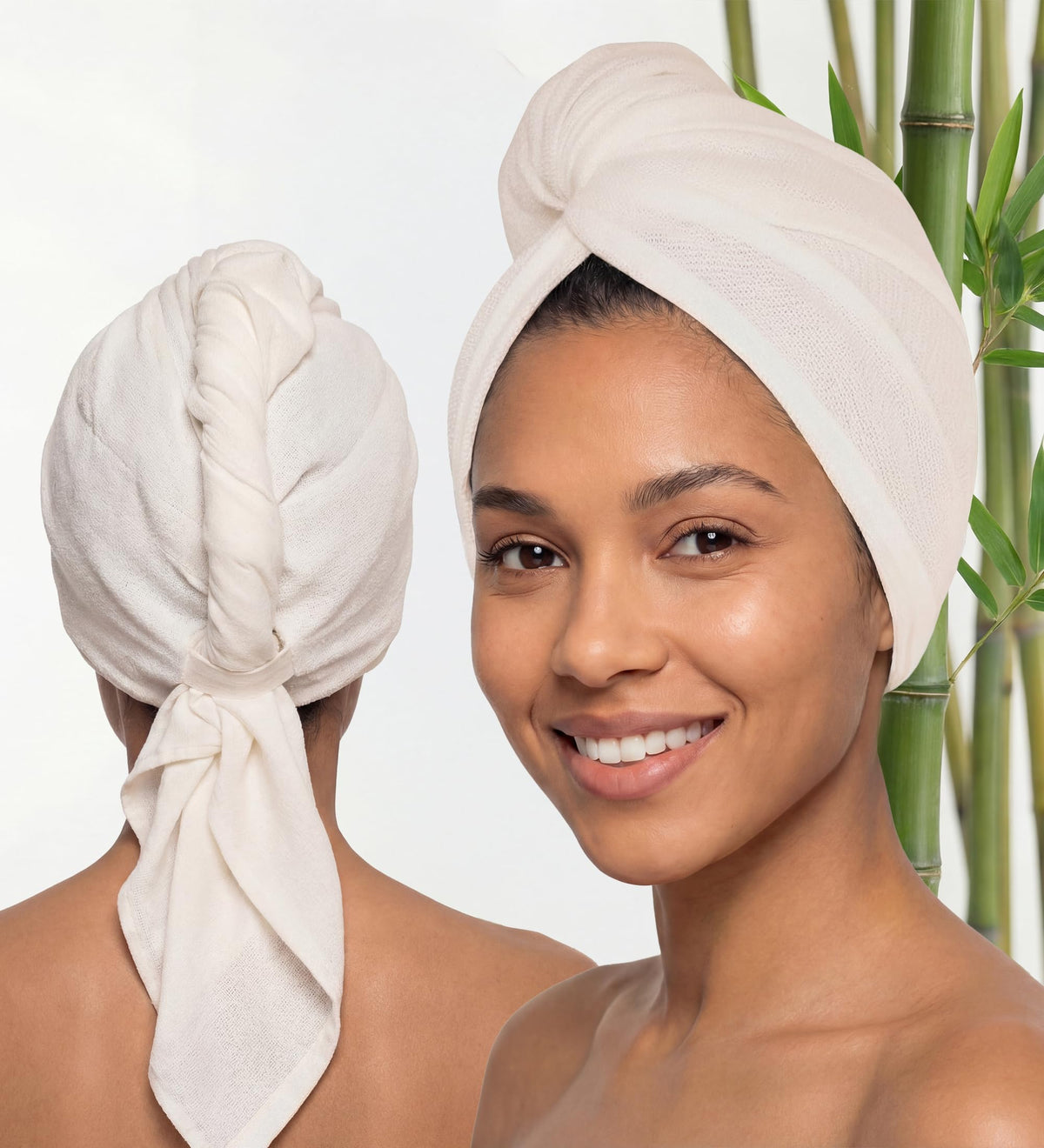 Toalla Harmony Weave para cabello de bambú marfil, ultra absorbente para secado rápido.