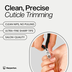 Harperton Cuticle Trimmer shows non-slip rubber grips for steady trimming.