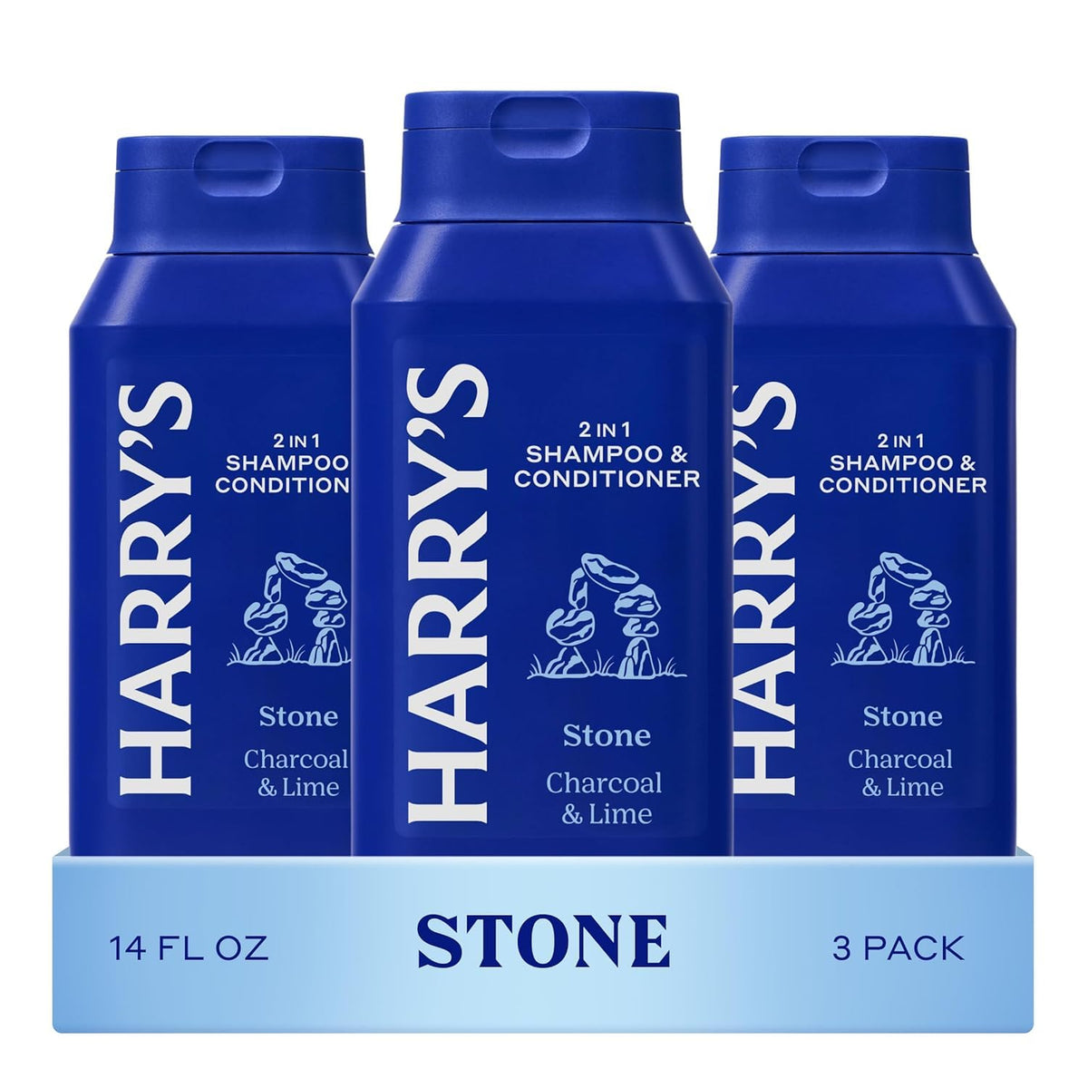 Harry's 2-in-1 shampoo bottle front view highlights Stone scent for a refreshing cleanse