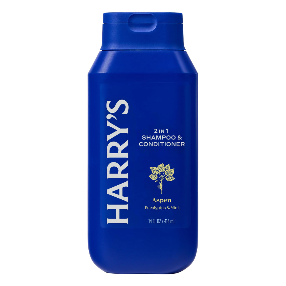 Harry's 2-in-1 Aspen bottle back highlights ingredients and paraben-free formula