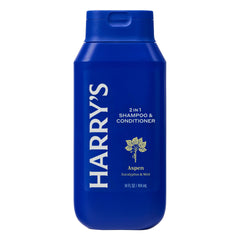 Harry's 2-in-1 Aspen bottle back highlights ingredients and paraben-free formula