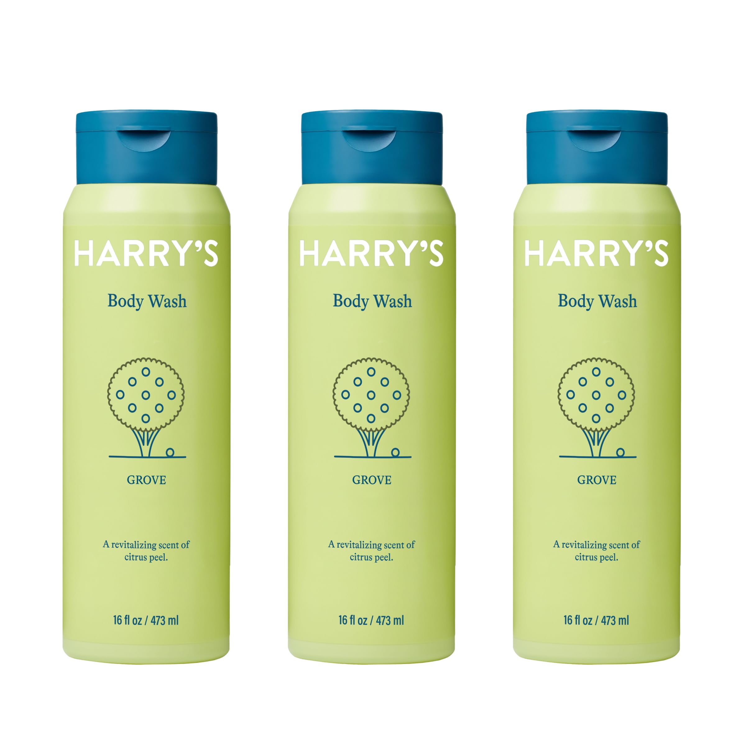 Harry's Grove scent body wash bottle with refreshing citrus aroma for energized mornings.