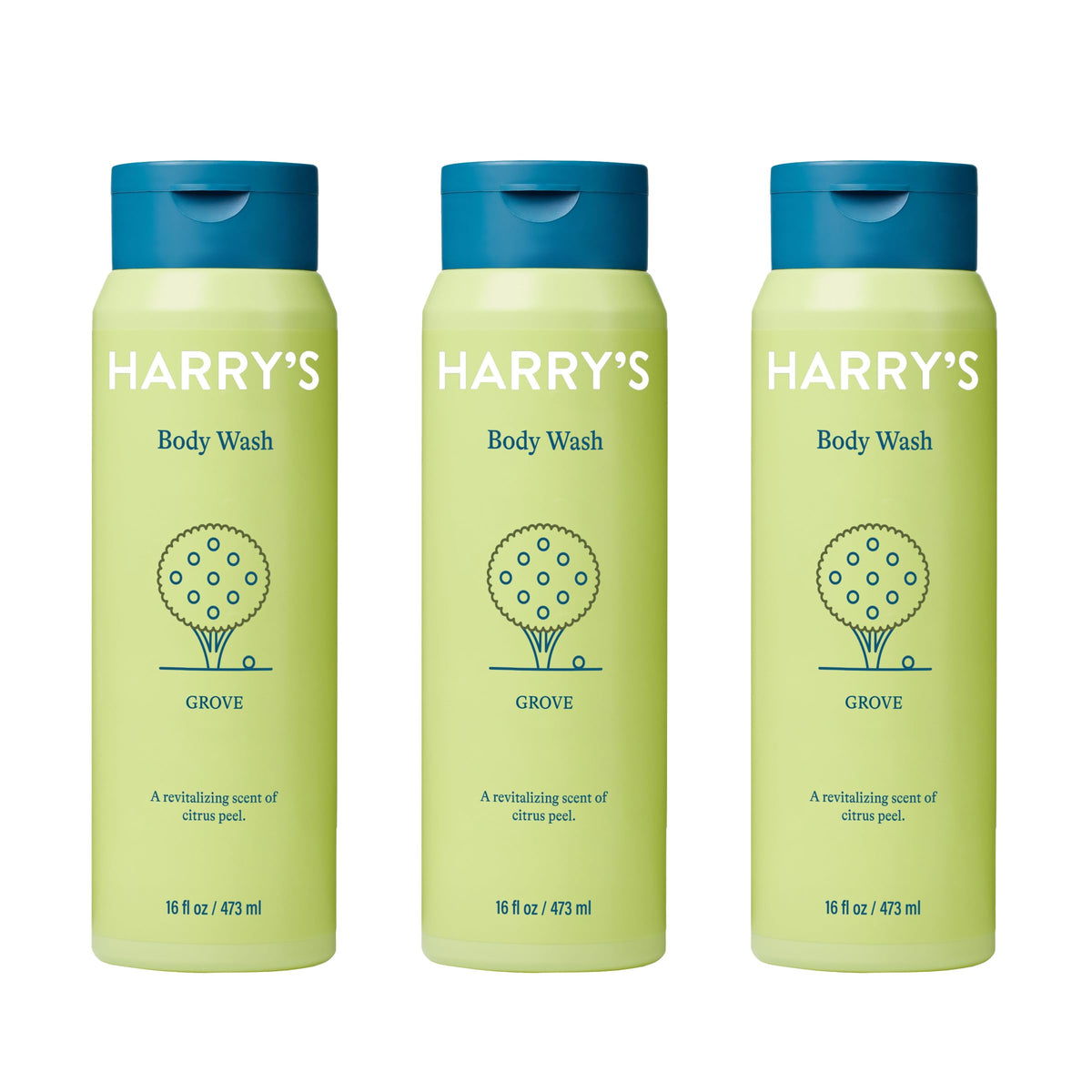 Harry's Grove scent body wash bottle with refreshing citrus aroma for energized mornings.