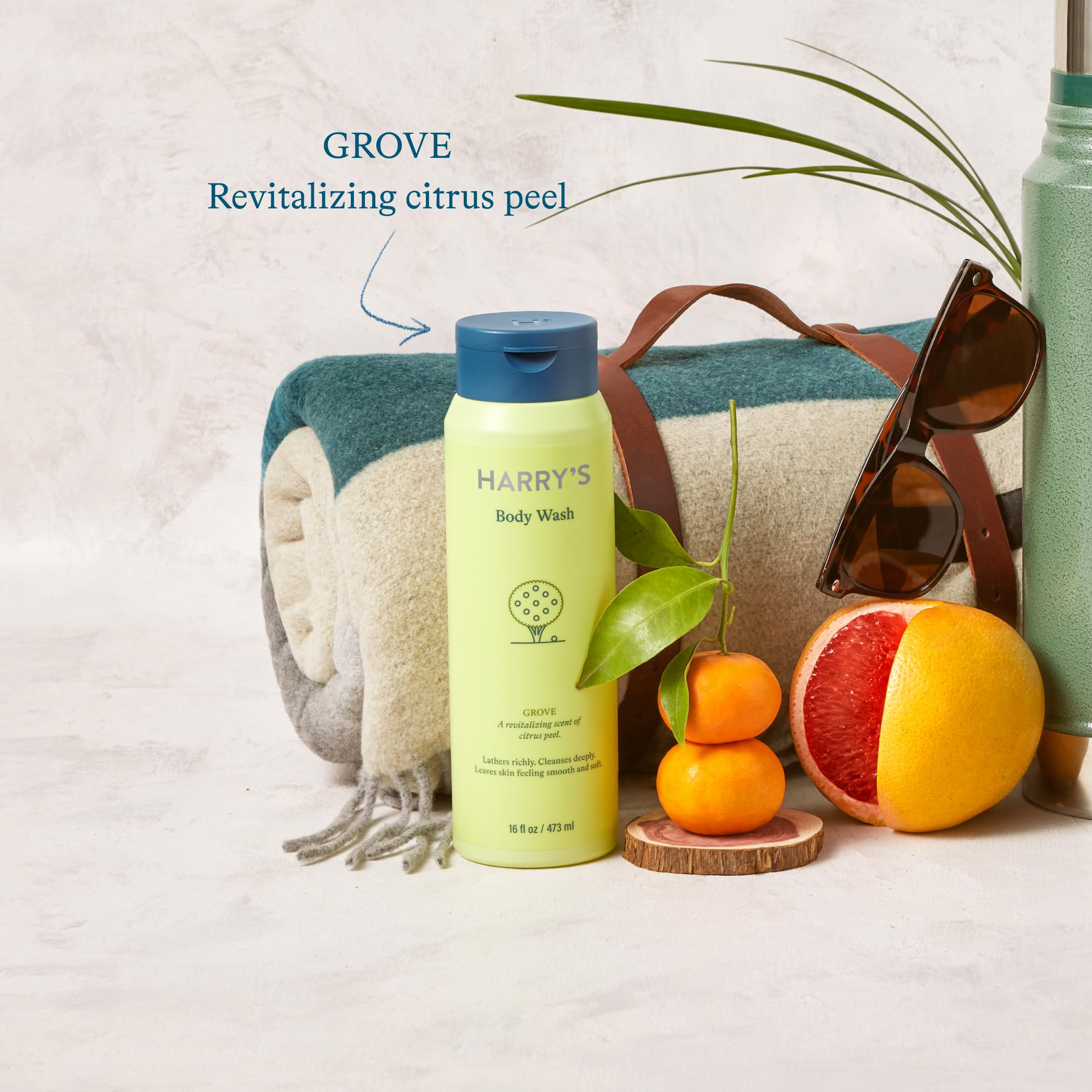 Grove scent notes grapefruit, lotus, and nutmeg for revitalizing shower.