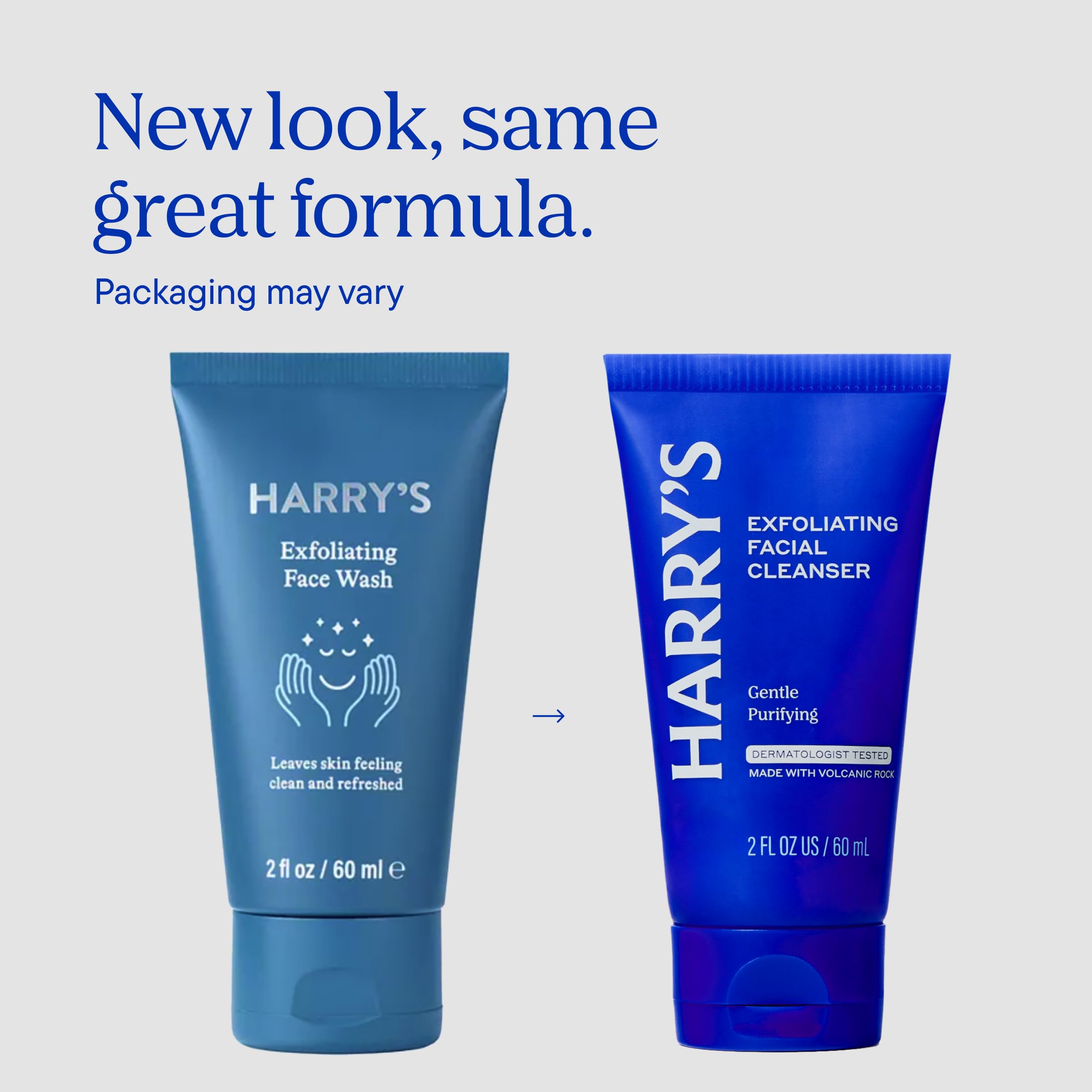 Harry's exfoliating face wash: etiqueta frontal, aroma fresco de eucalipto para despertar la piel.